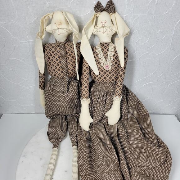 VTG Mr &‎ Mrs Rabbit Dolls 29" Handmade Brown Primitive Folk Plush Easter Decor - Picture 5 of 16